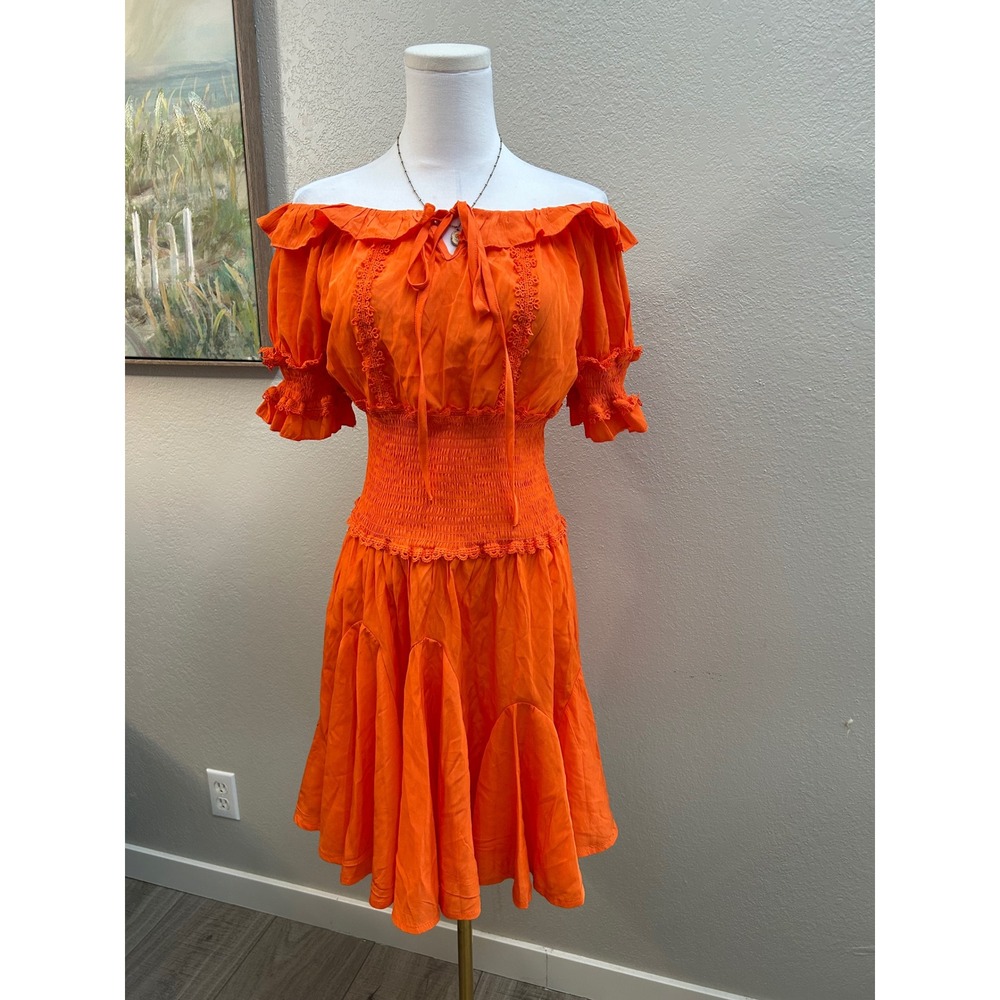 Off-Shoulder Orange Mini Dress with Smocked Waist